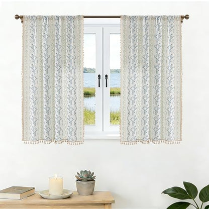 Light Blue Green Boho Floral Curtains 45 Inches Long 2 Panels - color: Blue Green, size: 55"W x 45"L (Pack of 2)
