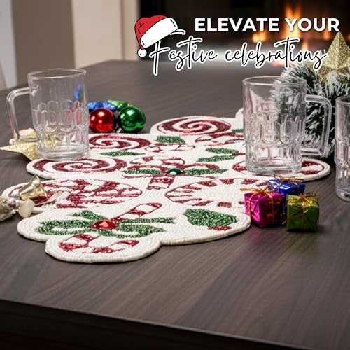 Beaded Christmas Table Runner, 13 x 36 Inches, Festive Holiday Table Decor - color: Red/Green/White