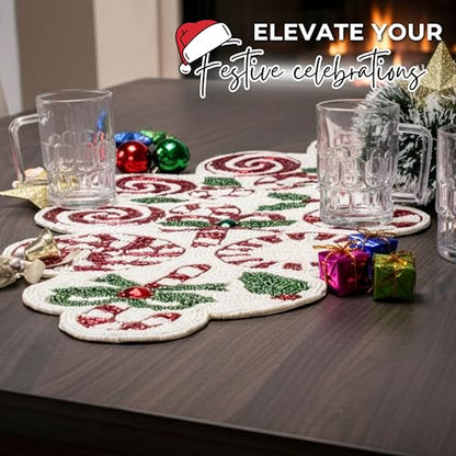 Beaded Christmas Table Runner, 13 x 36 Inches, Festive Holiday Table Decor - color: Red/Green/White