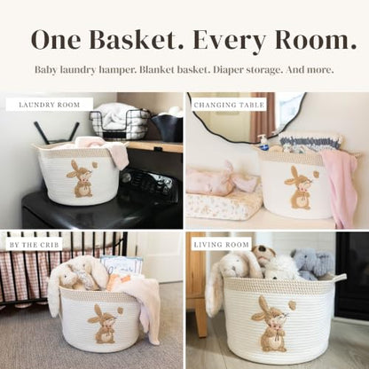 Bunny Baby Storage Basket, Woven Cotton Rope Nursery Bin, 15x11 in - color: Bunny