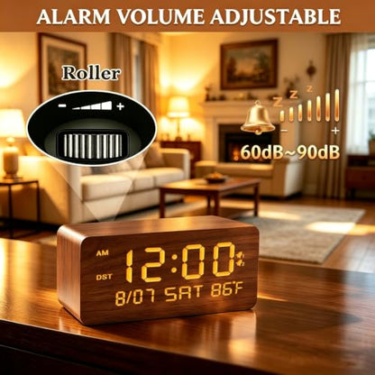 Premium Brown Wooden Digital Alarm Clock with Wireless Phone Charger, Dual USB Charging Ports, Dimmable LED Display, Date and Day of Week, Small Digital Desk Clock for Bedroom Nightstand Bedside Table - color: Brown