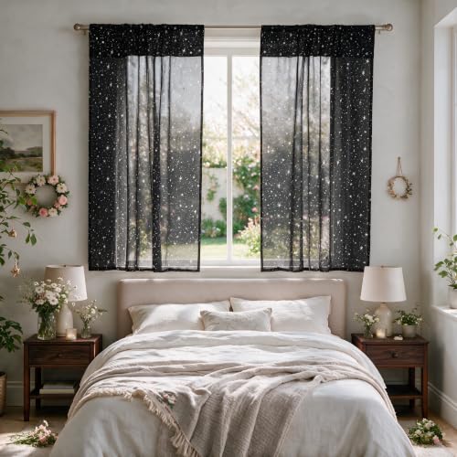 Horaldaily 2Pcs Black Sheer Curtains 52x63in, Silver Sequin Star, Halloween - color: Black and Sliver, size: 52"W x 63"L (Pack of 2)