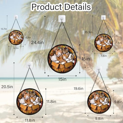Sleeping Kittens Stained Glass Window Hanging Suncatcher Gifts 15" - color: Brown and White, size: 15x15 IN