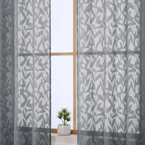 OWENIE Leyna Grey Sheer Curtain 30 Inch Length Cafe Curtains 2 Panels - color: Charcoal Gray, size: 28"W x 30"L (Pack of 2)