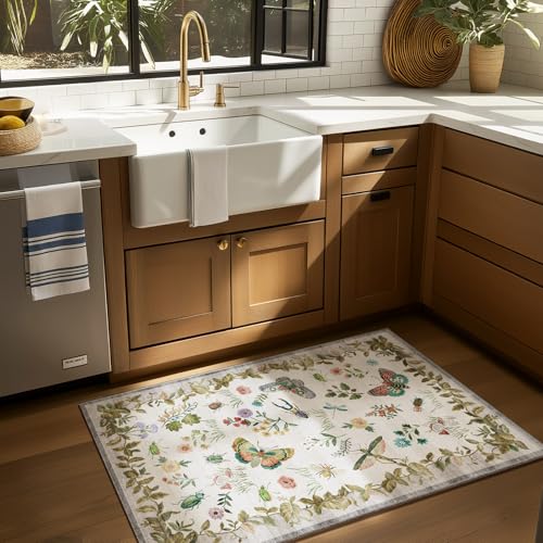 2x3 Washable Throw Rugs for Entryway: Door Mat Indoor Entrance Small Rug Non-Slip Low Pile Soft Kitchen Rug for Front Door Indoor Entrance Entry Bedside Kids Room - color: Butterfly-beige, size: 2' x 3' (Rectangular)