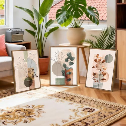 WENGTIAO Boho Neutral Abstract Botanical Framed Canvas Wall Art 16"x24"x3 - color: Boho Neutral Abstract Botanical, size: 16"x24"x3Pcs