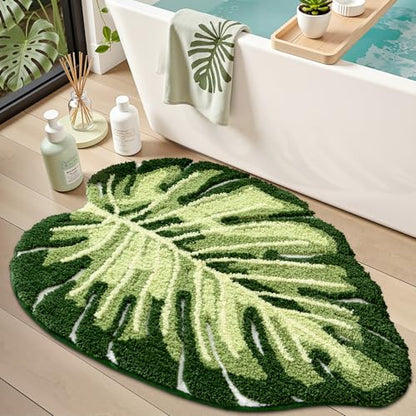LUMI Bathroom Rug Green Leaf, Absorbent Non Slip Bath Mat, 31.5"x47" - color: Ample Monstera-large