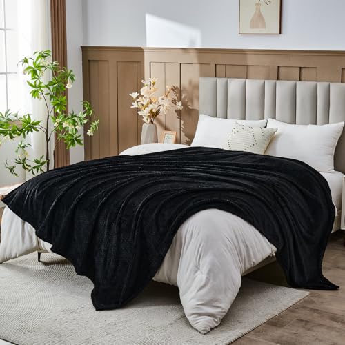 NEWCOSPLAY Fleece Leaves Pattern Queen Blanket, Black, 90"x90" - color: Black, size: Queen(90"x90")