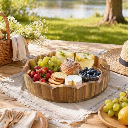 AnyDesign Brown Wooden Scalloped Serving Tray with Handles, 12.6 Inch