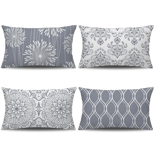 Coliuso Decorative Lumbar Pillow Covers 12x20 Set of 4, Grey and White Modern Simple Square Pillow Case Cushion Cover for Sofa Couch Farmhouse Living Room Bedroom Car(Gray and White) - color: Gray and White, size: 20" x 12" (Pack of 4)