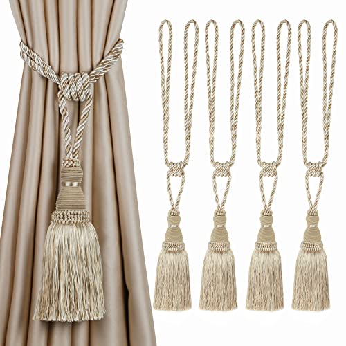 BEL AVENIR 4 Pack Curtain Tiebacks Tassel Drapery Tie-Backs Rope Holdbacks - color: Mix Beige, size: 4 Pack