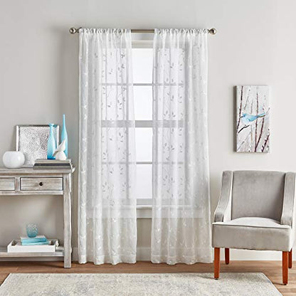Curtainworks Botanical Leaf Sheer Curtains, 37 x 84 in, White, 2-Piece - color: White, size: 37"W x 84"L (Pack of 2)