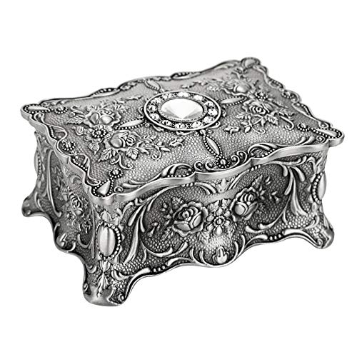 Hipiwe Vintage Trinket Jewelry Box for Ring Earrings Necklace Organizer - color: Metallic Grey, size: Small