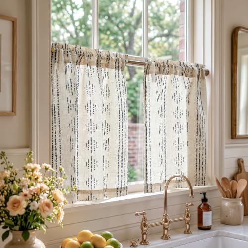 jinchan Linen Striped Tier Curtains for Kitchen Windows Black 26 x 24 inch - color: Boho Black | on Beige, size: 26"W x 24"L (Pack of 2)