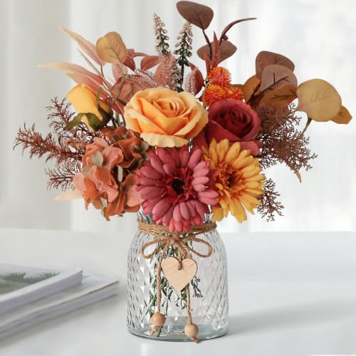 Leftover Fake Fall Flowers in Vase,Fall Flower Arrangements,Floral Arrangement,Table Decor,Centerpieces for Tables,Kitchen Decor,Coffee Table Decor - color: Fall Orange