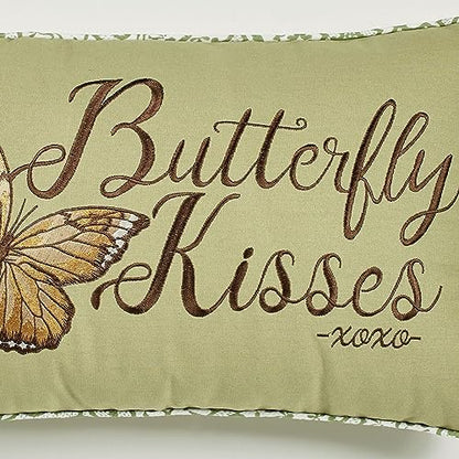 Butterfly Eden Embroidered Butterfly Kisses Pillow, Moss Green, 14"x20" - size: Pillow 14 x 20 Inches