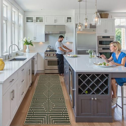 Lahome Maze Line Green Kitchen Runner Rug, 2x8 Outdoor Easy Jute Runner Rug - color: Dark Green Geometric, size: 2'6" x 8' (Runner)