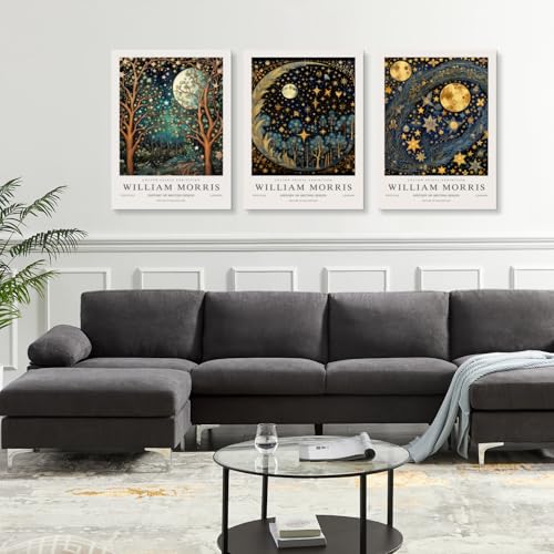 Hianan Wrapped Canvas William Morris Moon Star Wall Art Set of 3, 12x16 in - color: Dark Blue,Gold, size: 16"L x 12"W