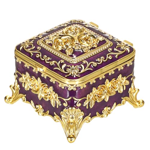 Hipiwe Vintage Jewelry Box Small Trinket Storage Organizer Box Gold Metal Chest Ring Case Treasure Chest Square Keepsake Boxes for Earrings Necklace Gift for Women,Purple - color: Purple, size: Small