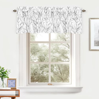 DriftAway Tree Branch Lined Valance Double Layer Blackout Thermal Insulated Abstract Ink Printing Window Curtain Valance Rod Pocket 52 Inch by 14 Inch Plus 2 Inch Header Silver Gray 1 Pack - color: Silver Gray, size: 52"W x 14"L (Pack of 1)