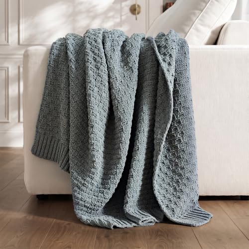 EVERGRACEHOME Chunky Chenille Knit Throw Blanket, Dusk Blue, 60" x 80" - color: Dusk Blue, size: 60" x 80"