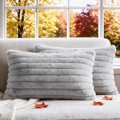 Set of 2 Decorative Throw Pillow Covers 20x12 Fall Faux Fur Light Gray - color: Gray, size: 20" x 12" (Pack of 2)