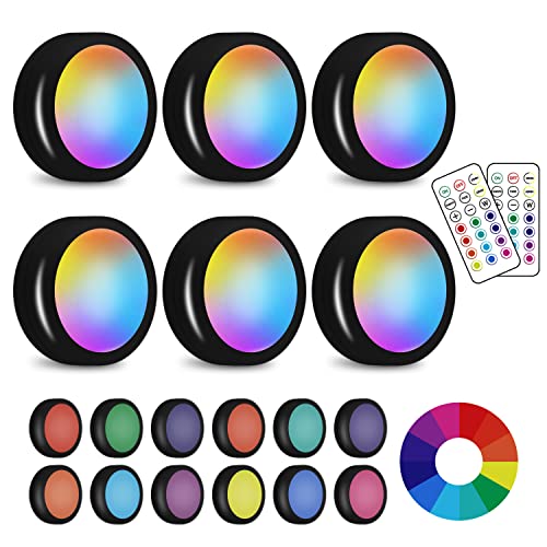 LED Puck Lights with Wireless Remote, 13 Colors RGB Dimmable Under Cabinet, Battery Powered Color Changing, Party Atmosphere for Kitchen Closet Counter, 6 Pack - color: Black, size: 6 Pack