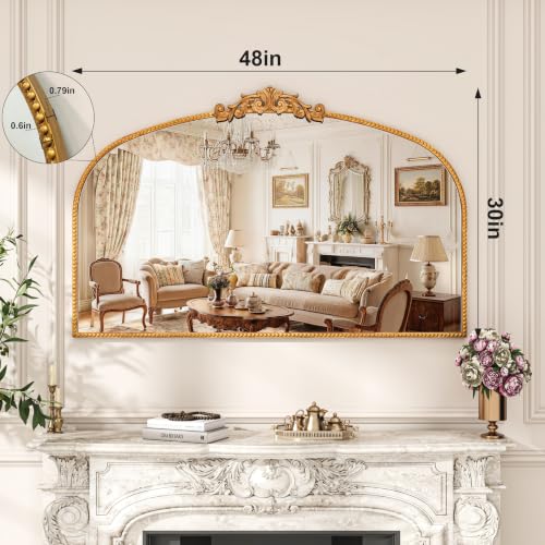 Vintage Gold Baroque Arched Metal Wall Mirror 48"x30" - size: 48"L x 30"W