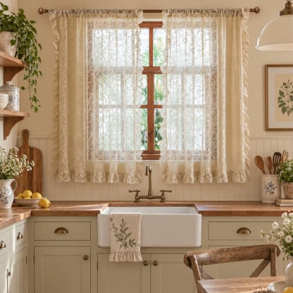 TUDECO Beige Lace Kitchen Curtains 45 Inch Length, Ruffle Trim, 2 Panels - color: Beige, size: 59"W x 45"L (Pack of 2)