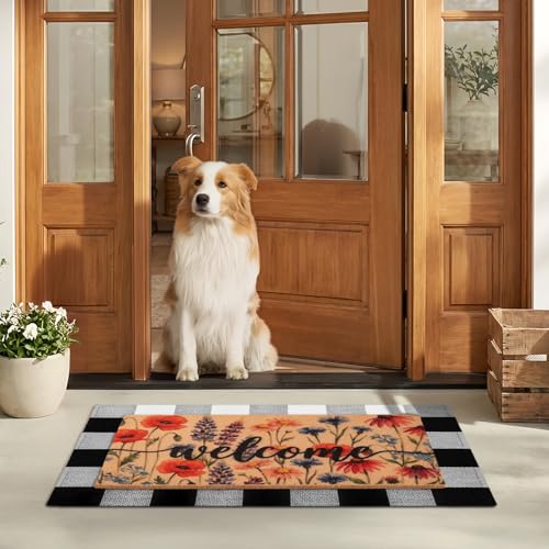 2-Piece Layered Welcome Mat Set - Coir Doormat & Buffalo Plaid Rug - color: Spring Floral 1