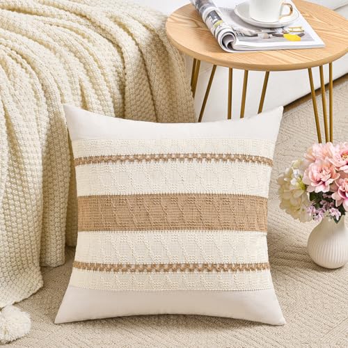 Fancy Homi Set of 2 Boho Neutral Decorative Throw Pillow Cover 14x14 Inch for Couch Bed Sofa, Aesthetic Modern Organic Farmhouse Home Decor, Soft Cotton Cute Macrame Woven Tan Cushion Case Gift - color: Neutral, size: 14" x 14" (Pack of 2)