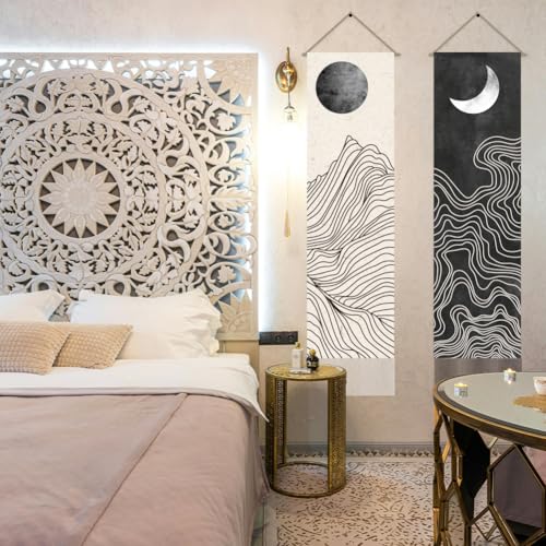 AHANDMAKER 2Pcs Boho Line Sun and Moon Tapestry, Black and White Sun Moon Long Vertical Tapestry Wall Hanging, Minimalist Abstract Tassel Wall Aesthetic Tapestry for Bedroom Living Room, 45.7x13Inch - color: Sun and Moon