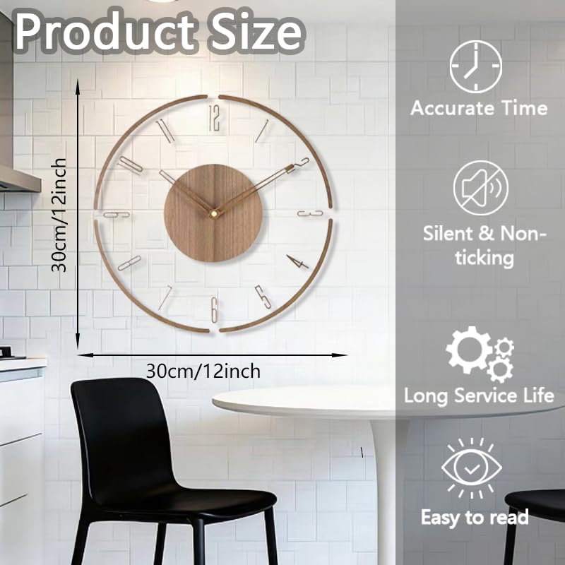 Modern Minimalist Wooden Wall Clock - Silent Non-Ticking Battery Operated Wall Clock for Living Room Bedroom Kitchen Office Decor, 12 Inch Large Wall Clock with Sleek Open Frame Design