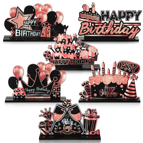 Leinuosen 6 Pcs Happy Birthday Table Centerpiece Rose and Gold Sign - color: Rose and Gold