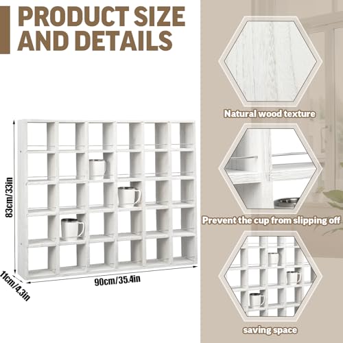 Kigley Oversize Coffee Mug Display Rack Wooden Shelves Rustic Shot Glass Display Case Travel Mug Shelf Wall Mounted Rack Holder Shadow Box(5 x 6,White) - color: White, style: 5 x 6