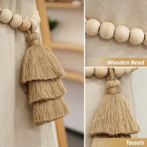 Magnetic Curtain Tiebacks with Wood Beads, Boho Rope Drapery Holdbacks with Triple Tassels, No Drill Curtain Holders for Farmhouse Bedroom, Living Room or Nursery, 2 Pack, Taupe - color: Taupe