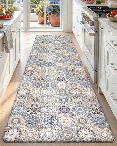 DEXI Kitchen Floor Mats Cushioned Anti Fatigue Runner Rug, 24x87 - color: Blue/Beige, size: 87"L x 24"W x 0.4"Th