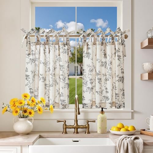jinchan Black Floral Kitchen Tier Curtains Alisa 24 Inches Tie Top 2 Panles - color: Alisa Black on Linen, size: 26"W x 24"L (Pack of 2)