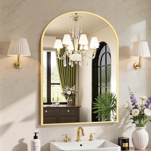 Sweetcrispy 38x30 Bathroom Mirrors for Wall, Arched Mirror for Over Sink - color: Gold, size: 30"L x 38"W
