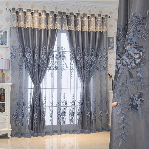 Amidoudou 1 Pair European Double Layer Curtains for Living Room Bedroom Luxury Peacock Flower Embroidered Curtains with Valance (Grey,51x96 Inch) - color: Grey, size: 51"W x 96"L (Pack of 2)