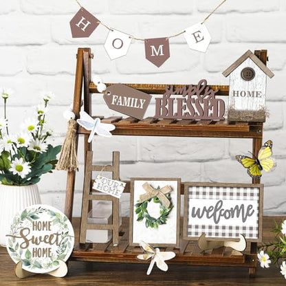 FairySandy 11 Pcs Home Tiered Tray Decor Greenery Rustic Wooden Signs - style: Greenery