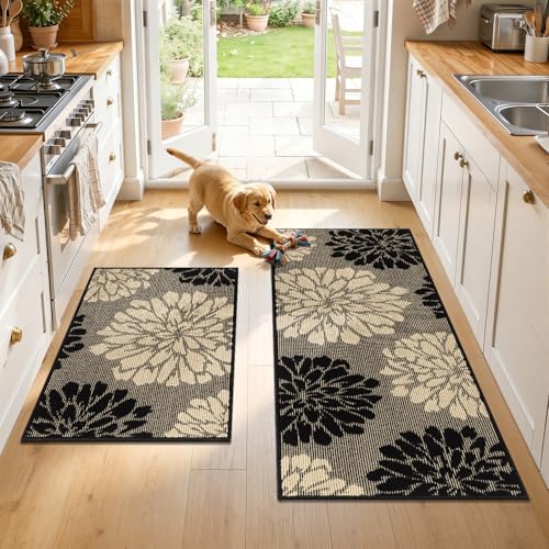 Findosom Kitchen Rugs Sets of 2, Floral Washable Kitchen Runner Rug, Black - color: Black/Beige, size: 24" x 36" + 24" x 60"