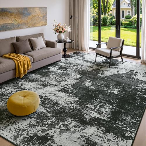 Merelax 5x7 Back Grey Washable Area Rug Non-Slip Faux Wool Abstract Rug - color: Black Grey, size: 5' x 7'(60''x84'')