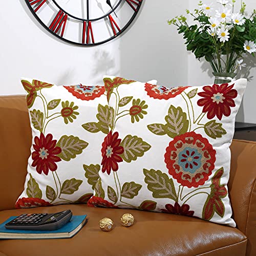 Throw Pillow Case Covers 18x18 inch Set of 2 Decorative Floral Embroidered Design on Solid Natural White Background for Couch, Sofa, Bed - Cushion Not Included