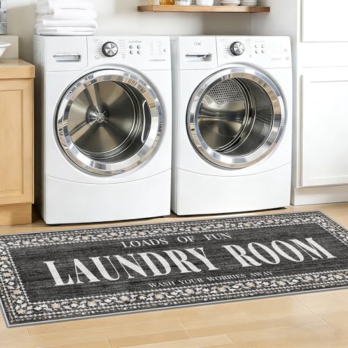 Non-Slip Laundry Room Rug Runner: Washable 20"x60" Rug for Front of Washer & Dryer Area - Vintage Stain Resistant Washroom Mudroom Carpet - Waterproof Soft Farmhouse Home Decor Floor Mat 20"x60" Black - color: Black, size: 1'8" x 5' (Rectangular)