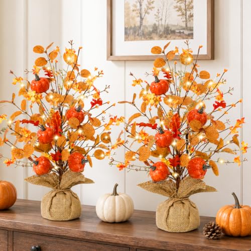 Timer & Pumpkin - Fall Decor 2 Pack 18 Inch Lighted Fall Tree Tabletop