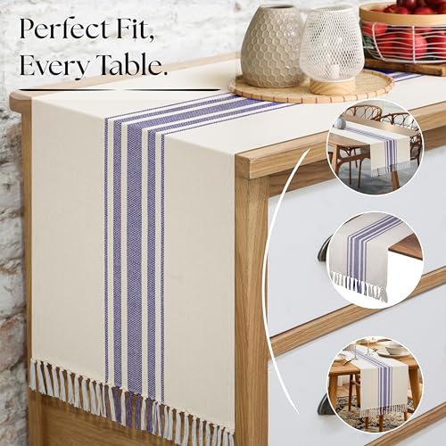 Native Fab Blue Stripe Table Runner - 72 Inches Long Boho Table Covers with Tassels - 100% Cotton, Tight Weave, Non Slip Tablerunner for Dining, Kitchen, Dresser, Wedding, 14"x72" - Blue and White - color: Blue White, size: 14x72