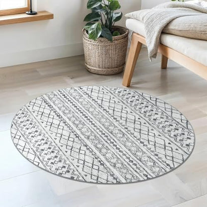KUTA Boho Geometric Washable Circle Rug 3Ft Grey Moroccan Washable - color: Grey, size: 3' (Round)
