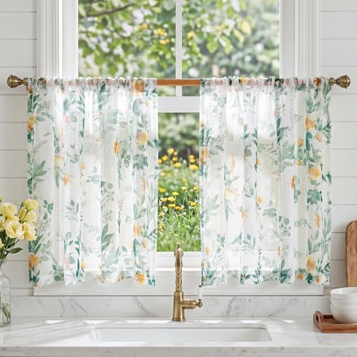 MYSKY HOME Green Floral Sheer Cafe Curtains 36 Inches Long - color: Green, size: 52"W x 36"L (Pack of 2)