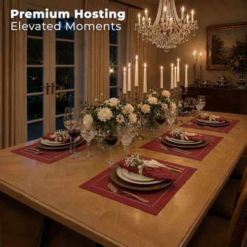 Signature Linen™ by D'Moksha, Red Placemats Set of 4, 14 x 19 Inch, 100% Pure Linen Table Mats, Hemstitch, Machine Washable Cloth Placemats- Fall, Weddings, Outdoor Hosting - color: Red, size: Set of 4 (14 X 19 Inch)